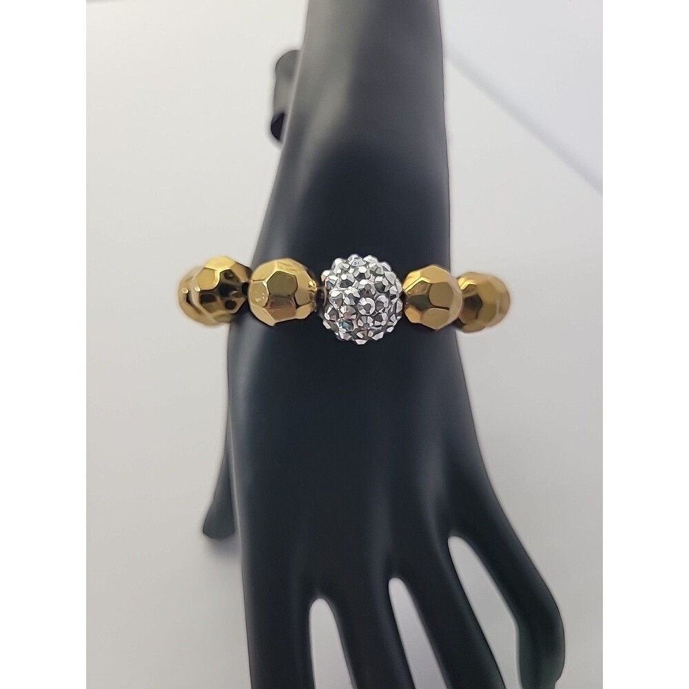 Gold Tone Faceted Bead Stretch Bracelet Rhinestone Pave Ball Stackable Glam